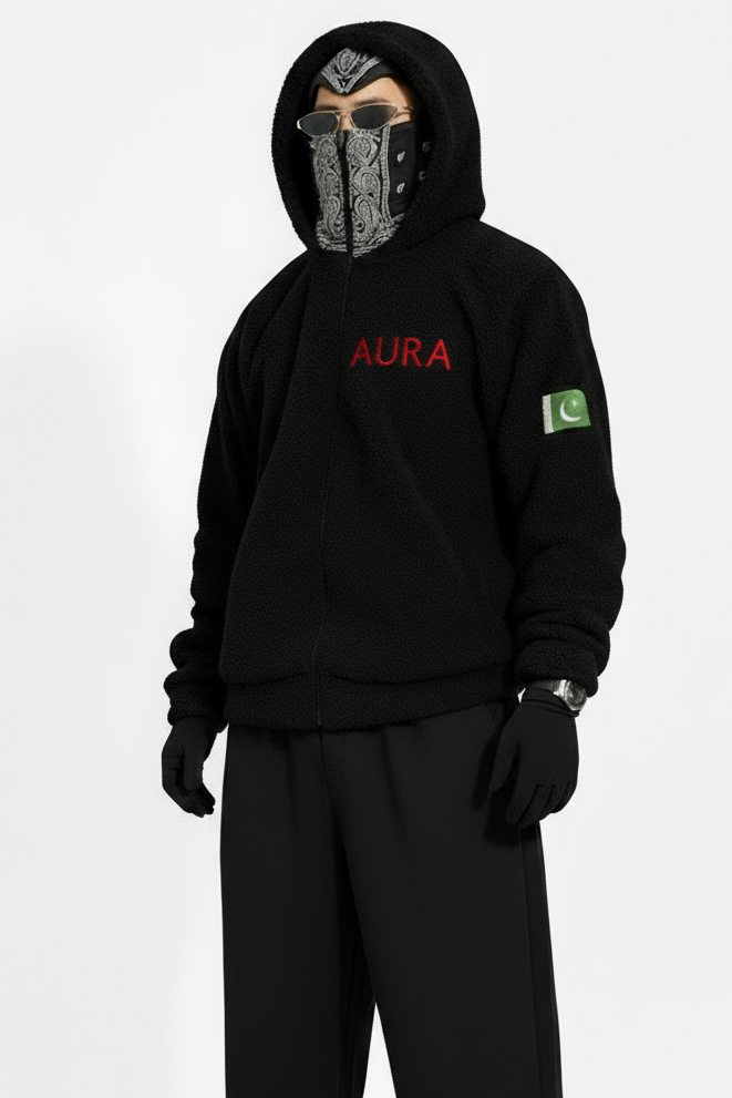 Aura Black Fur Hoodie with Bandana Mask