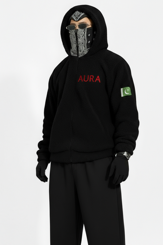 Aura Black Fur Hoodie with Bandana Mask