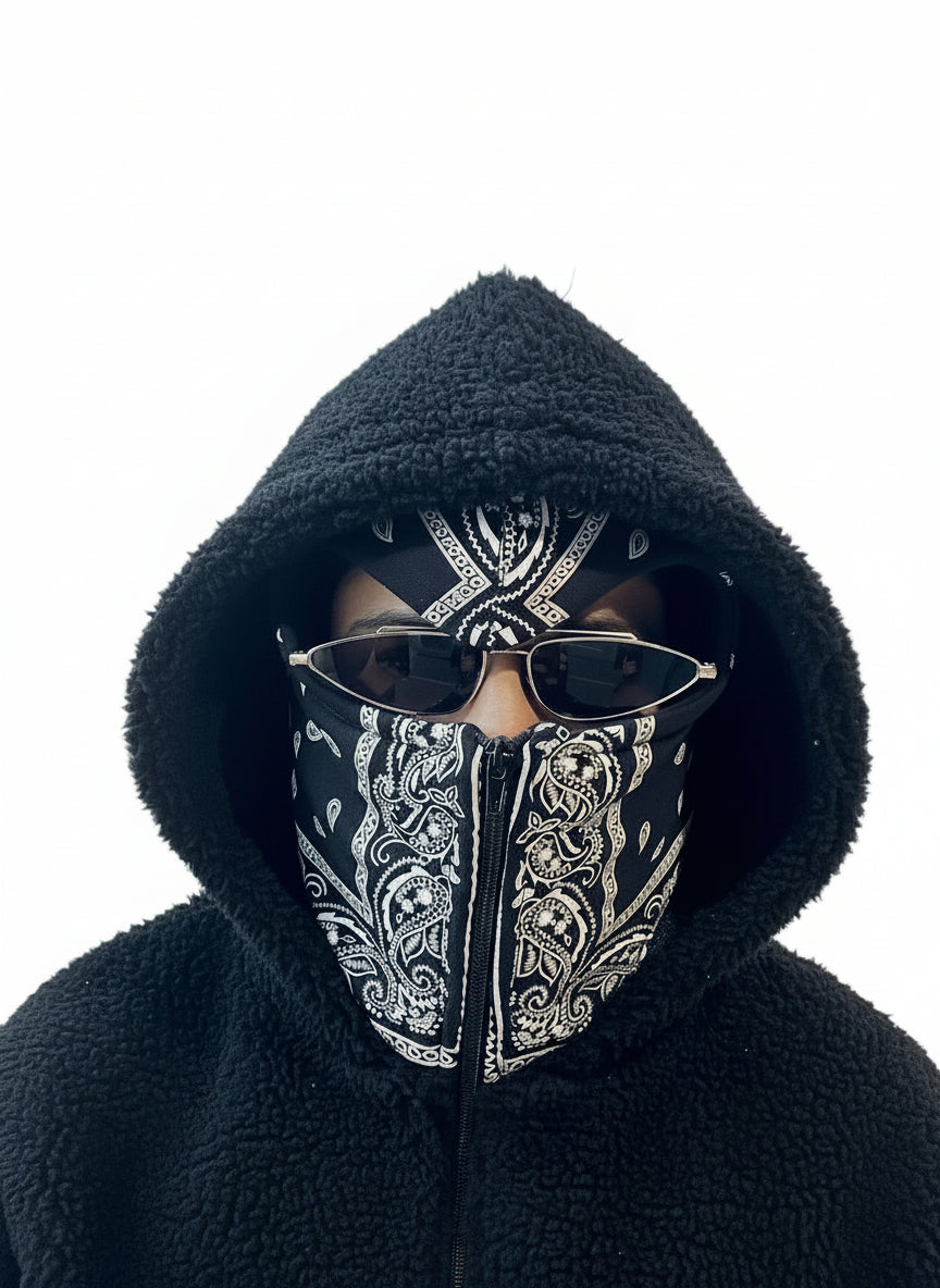 Aura Black Fur Hoodie with Bandana Mask